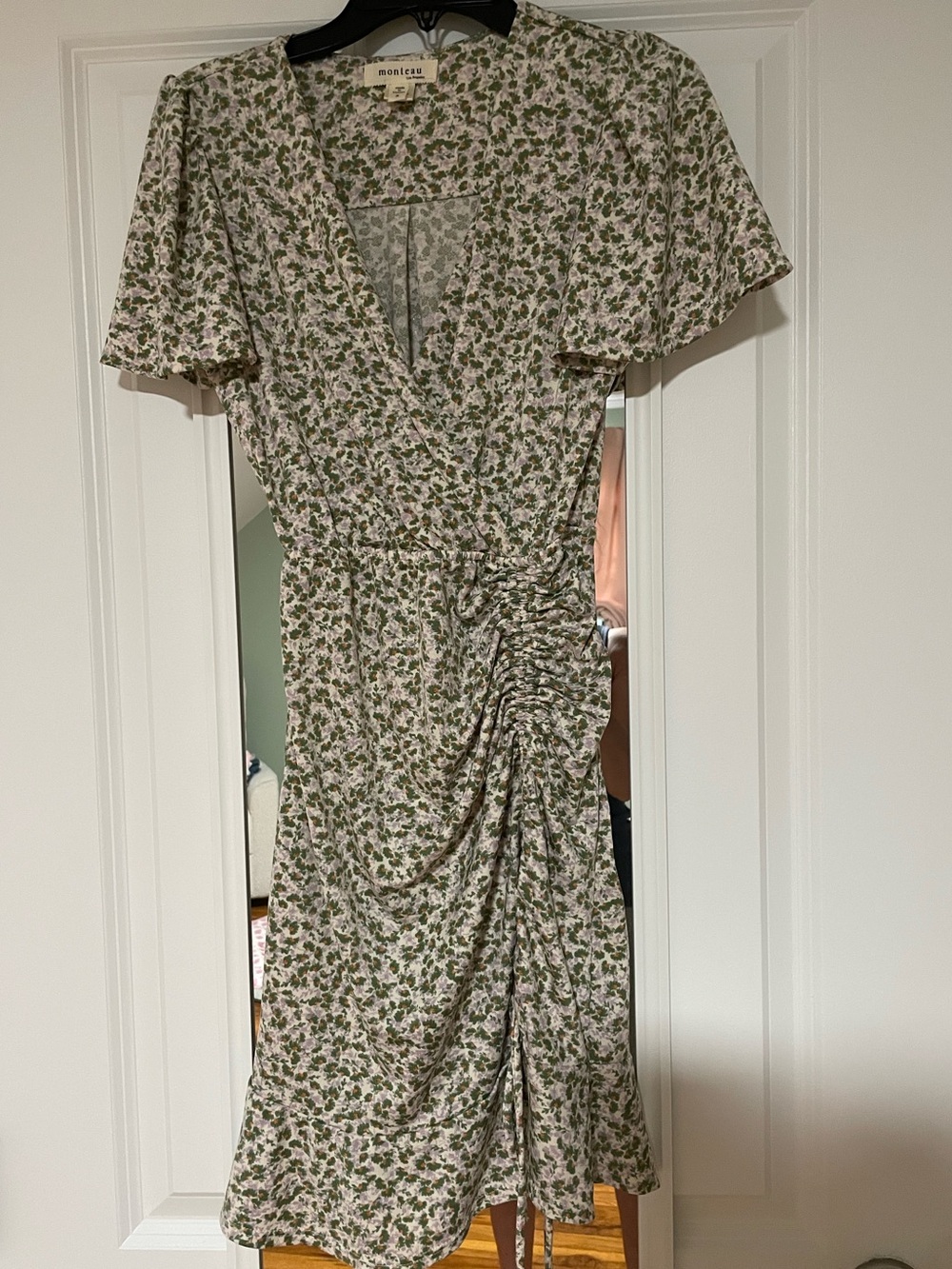 Monteau Cream and Green Floral Wrap Midi Dress